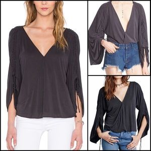 Free People Black Surplice Modal Ruched Drape Sleeve Blouse Top